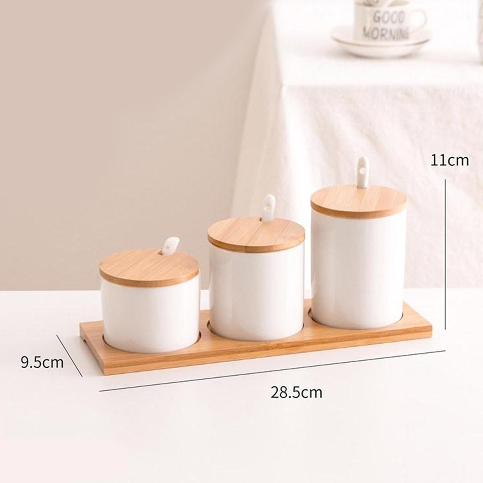 Weiße keramik zucker schalen gewürz töpfe gewürz gläser mit bambus holz