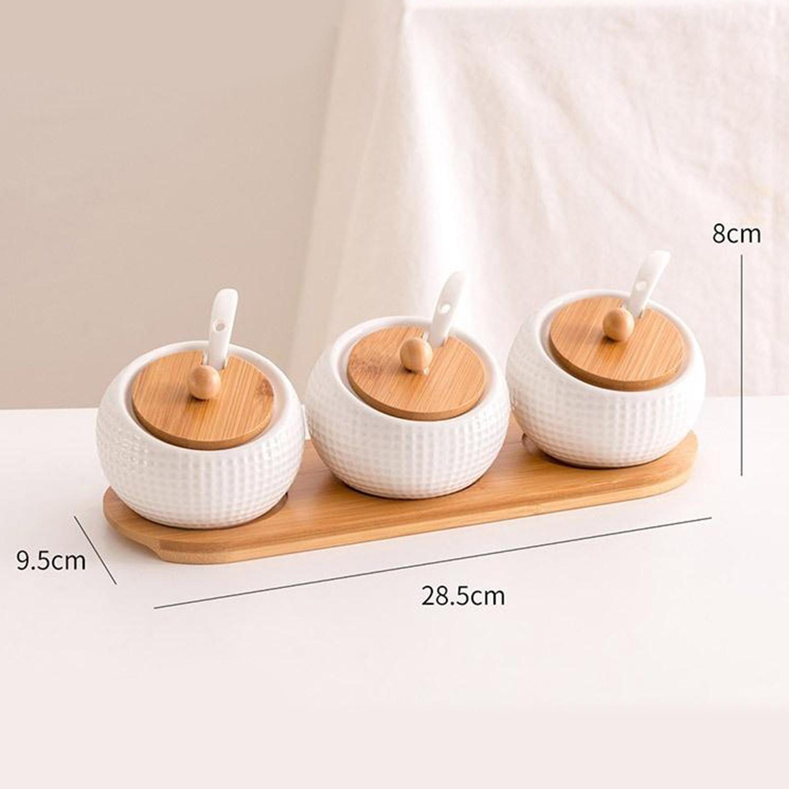 Weiße keramik zucker schalen gewürz töpfe gewürz gläser mit bambus holz
