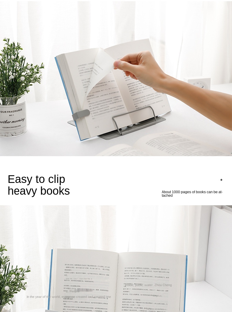 Metal Book Stand Reading Holder Hands Free for Textbooks with Page Clips
